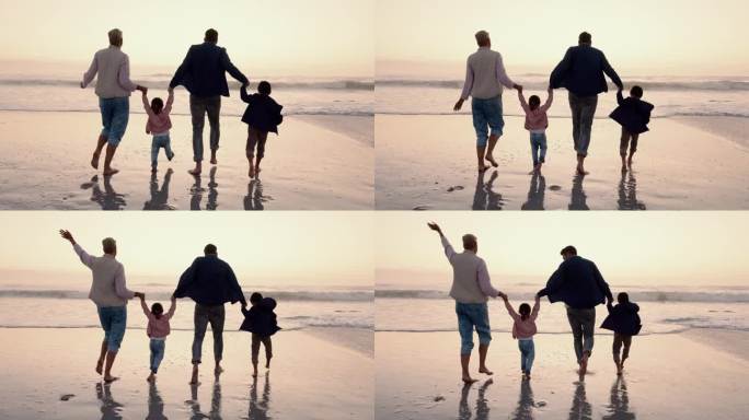 父母，孩子和手牵着手，在日落的海滩和户外跳跃，奔跑和自由。母亲，父亲和年幼的孩子的关怀，亲情和散步的