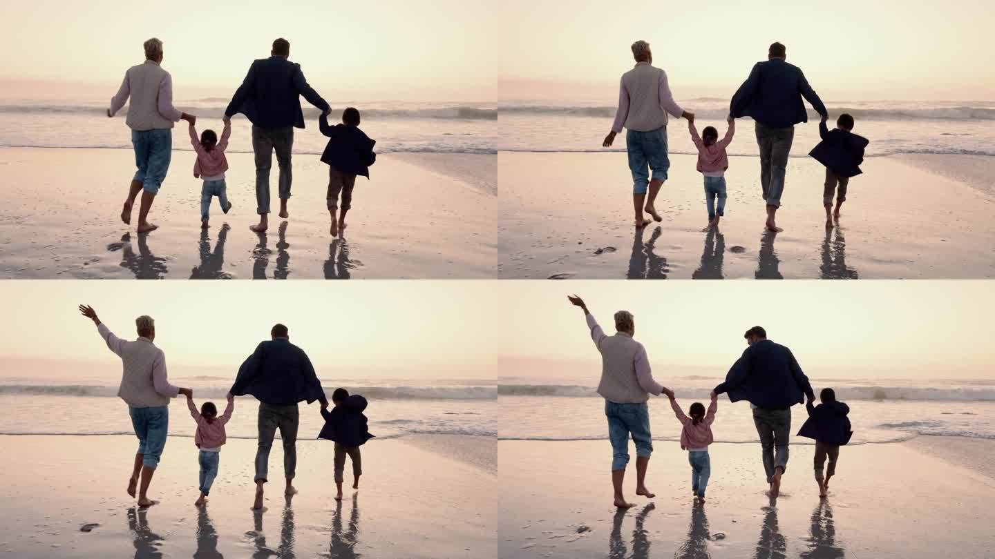 父母，孩子和手牵着手，在日落的海滩和户外跳跃，奔跑和自由。母亲，父亲和年幼的孩子的关怀，亲情和散步的