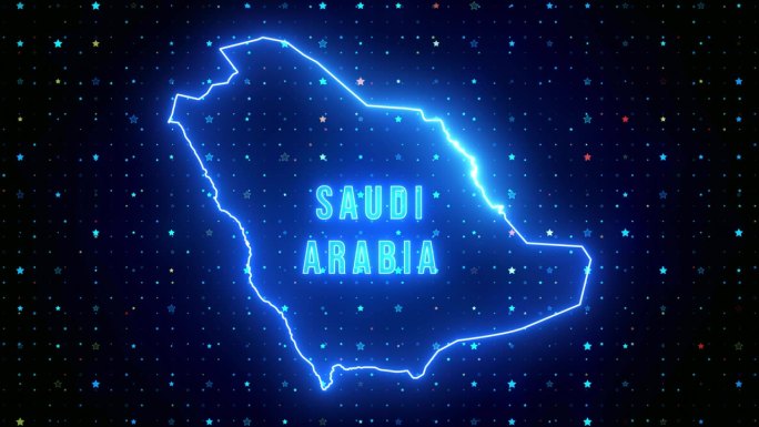 未来的蓝色闪耀沙特阿拉伯轮廓地图和标签文本发光霓虹灯耀斑运动揭示与星星闪耀网格