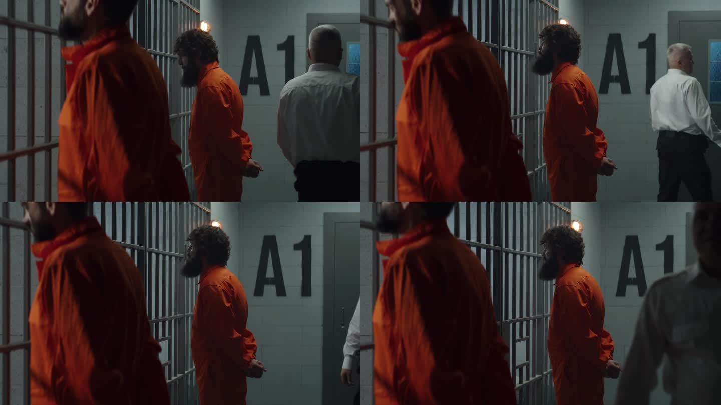 牢房前，两名囚犯面朝铁栏站着