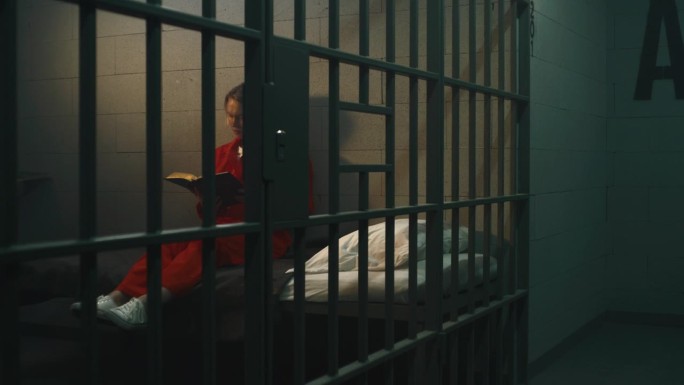 女囚犯坐在床上，在牢房里读《圣经》