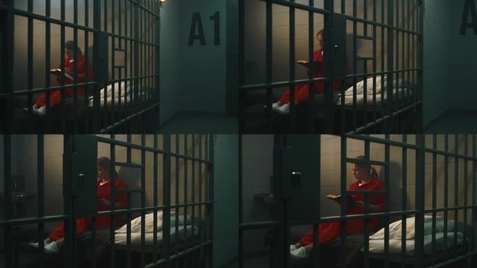 女囚犯坐在床上，在牢房里读《圣经》