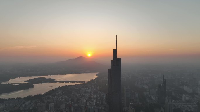 航拍江苏南京紫峰大厦日出紫金山风景