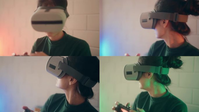 沉浸式游戏体验:美女在时尚客厅享受VR 360视频游戏。