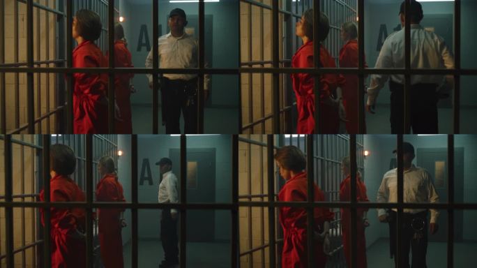 两名女囚犯站在牢房前的金属栅栏前