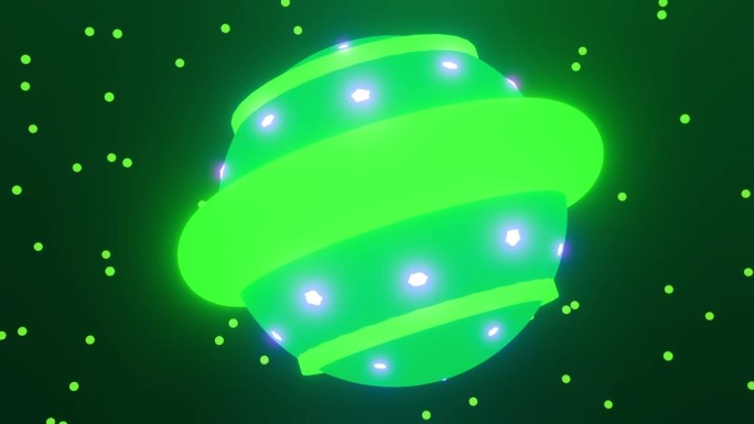 一个绿色的外星飞碟在太空中旋转，背景是星星。明亮的儿童卡通循环动画。