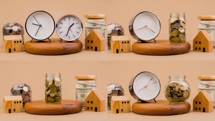 省钱和时间存钱在玻璃罐里存钱理财成长和投资理财信用理财规划业务和时间规划理财和时间自由、收入、投资、