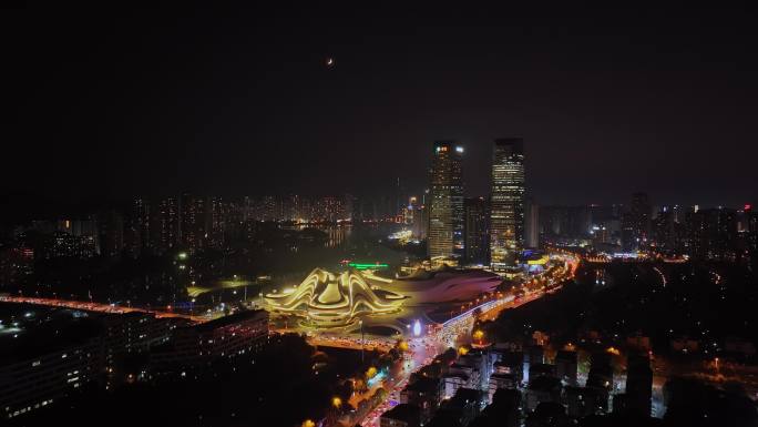 湖南长沙梅溪湖城市夜景风光航拍