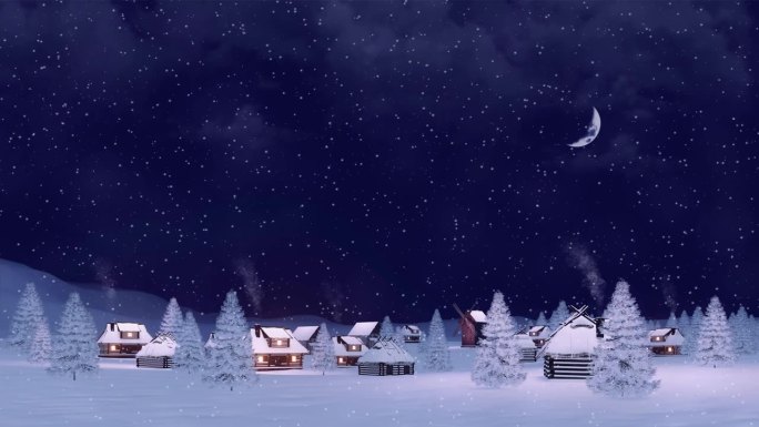 舒适的白雪覆盖的村庄在下雪的冬夜