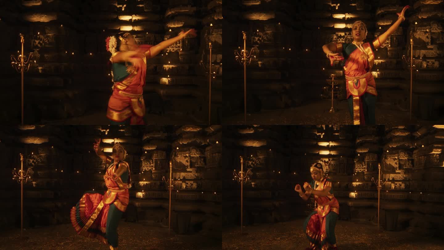 一位活跃的印度妇女的慢动作肖像，在烛光照亮的寺庙里从事传统民间舞蹈的迷人表演。一个迷人的和文化丰富的
