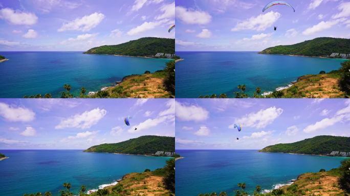 泰国普吉岛上空的滑翔伞运动，背景是令人惊叹的热带海岸，普吉岛西海岸的极限活动，海边的滑翔伞点，织物翅