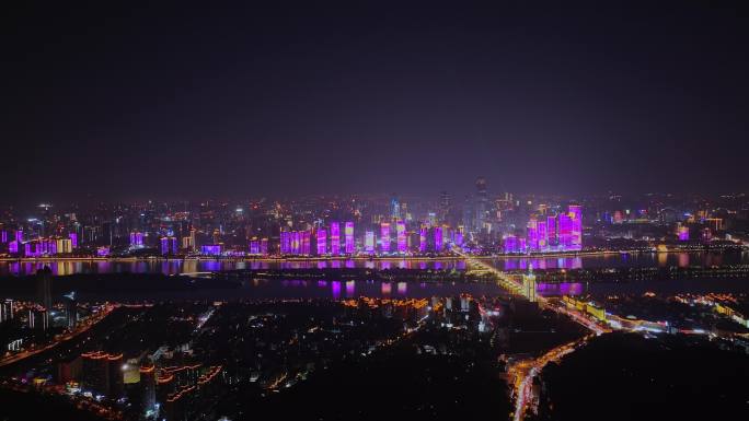 湖南长沙城市夜景湘江风光带航拍