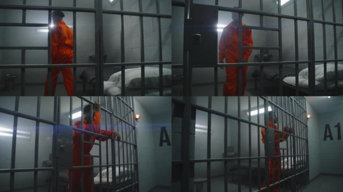 一名非裔美国囚犯倚靠在牢房的栏杆上
