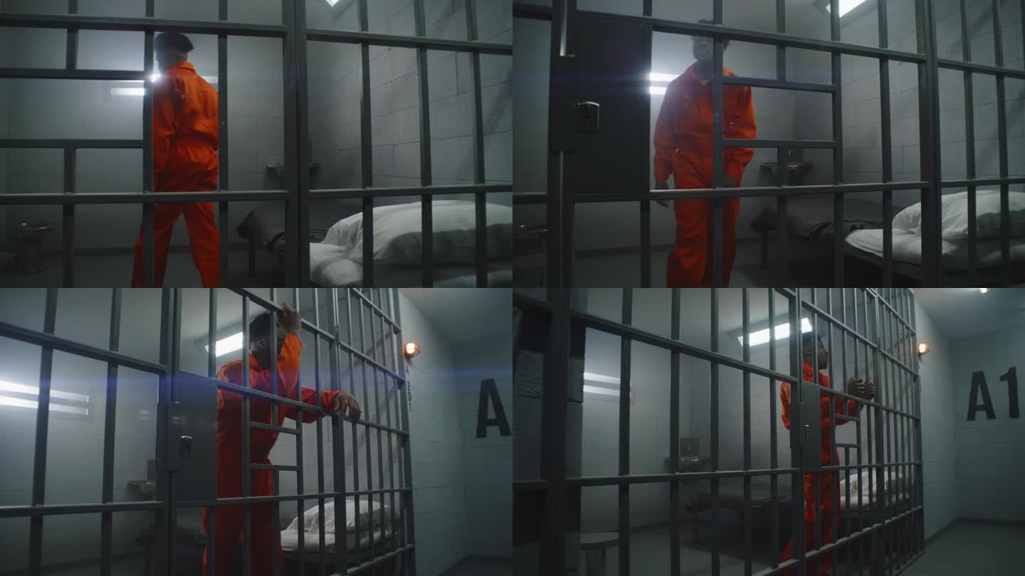 一名非裔美国囚犯倚靠在牢房的栏杆上