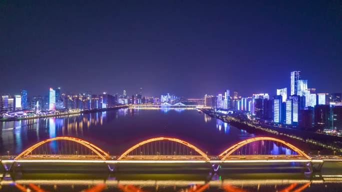 长沙湘江两岸夜景福元路大桥航拍延时