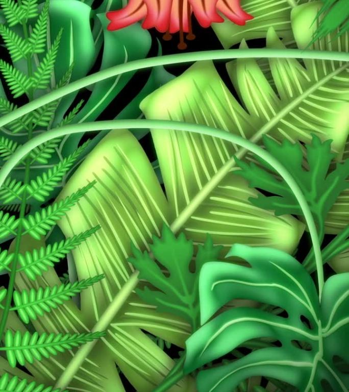热带植物，可从20:00循环到结束。怪物，香蕉棕榈。树叶、蕨类植物、花朵动画。垂直视频。