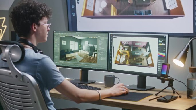 年轻的3D设计师在PC上创建现代房屋室内设计
