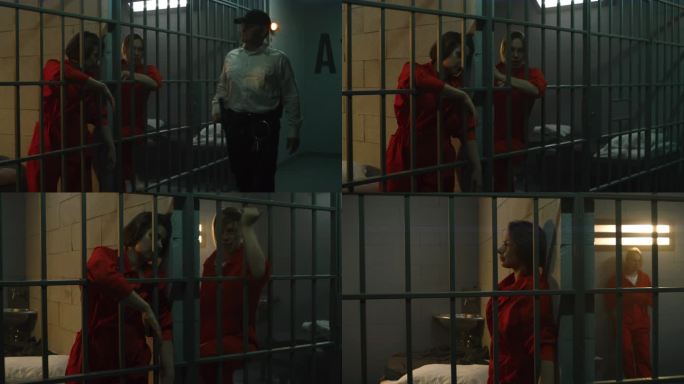 女囚犯站在监狱牢房的金属栅栏后面，互相击掌
