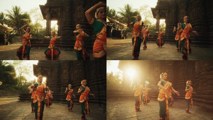 穿着传统服装的印度妇女看着镜头，穿着五颜六色的纱丽跳着Bharatanatyam。年轻女性分享民间舞