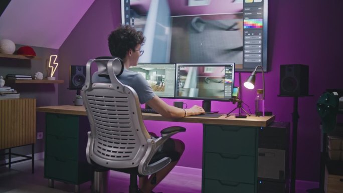 3D设计师在电脑上创建家庭办公室室内