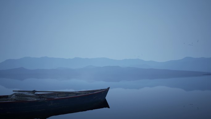 4K意境湖面小船和远山