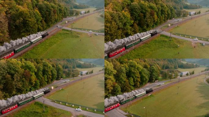 雄伟的蒸汽火车从空中穿过捷克共和国