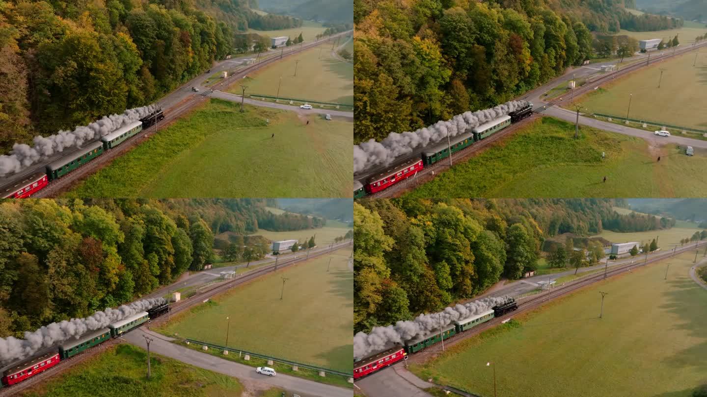 雄伟的蒸汽火车从空中穿过捷克共和国