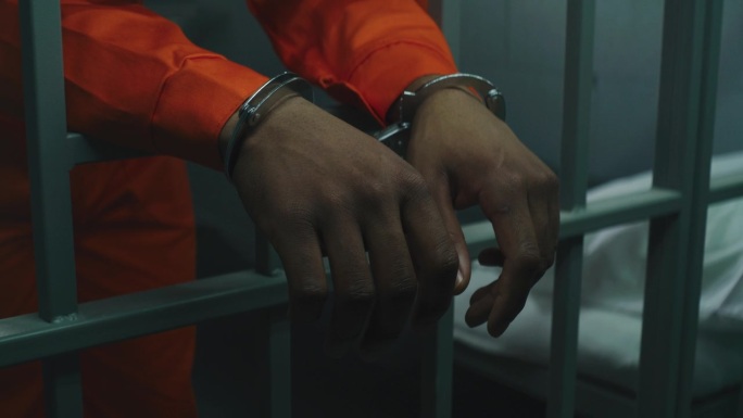 双手戴着手铐靠在牢房的栏杆上