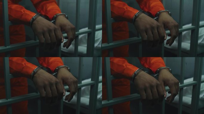 双手戴着手铐靠在牢房的栏杆上