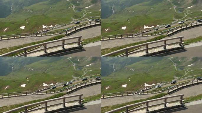 乘用车沿着蜿蜒的高山全景公路行驶，奥地利大格洛克纳