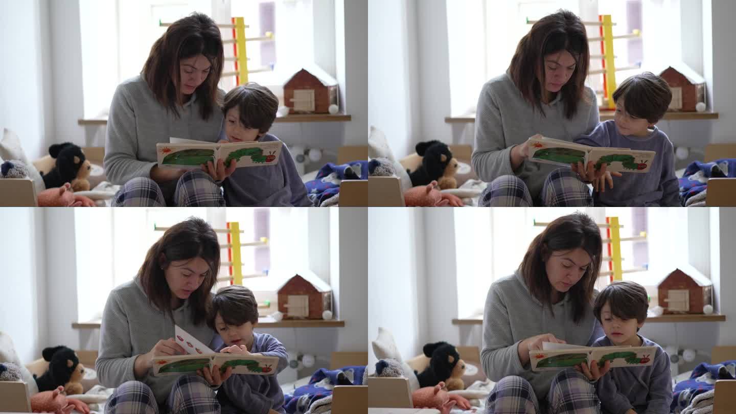 真实的卧室场景，妈妈给小儿子讲故事，与妈妈和书坦诚的育儿时刻