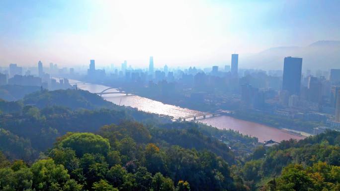 航拍甘肃兰州白塔山黄河铁桥中山桥快艇清晨