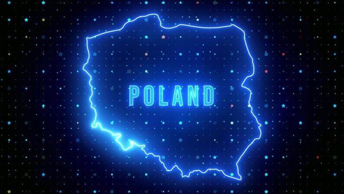 未来的蓝色闪耀波兰轮廓地图和标签文本发光霓虹灯耀斑运动揭示与星星闪耀网格