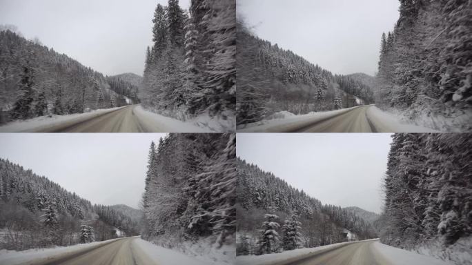 雪山公路沿路移动，美丽的冬季景观