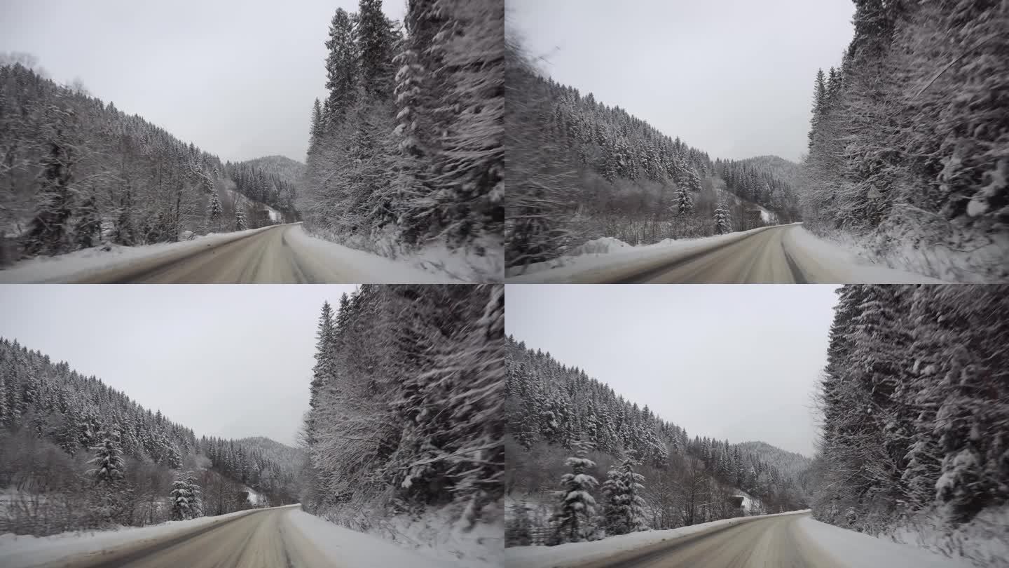 雪山公路沿路移动，美丽的冬季景观