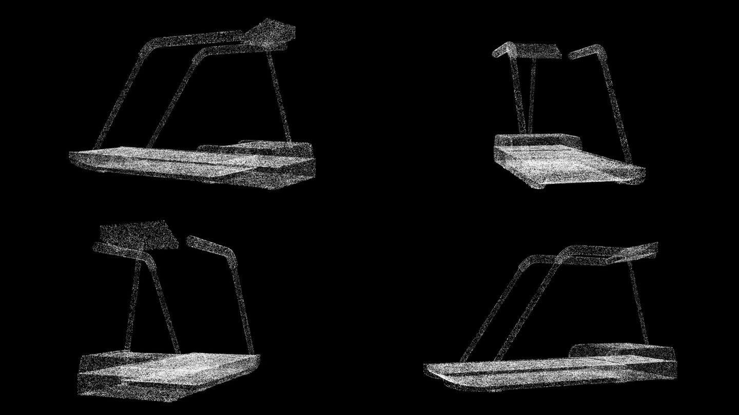 3D跑步机教练旋转黑色bg。健康生活理念。运动器材及健身器材。用于标题，文本，演示。闪闪发光的粒子。