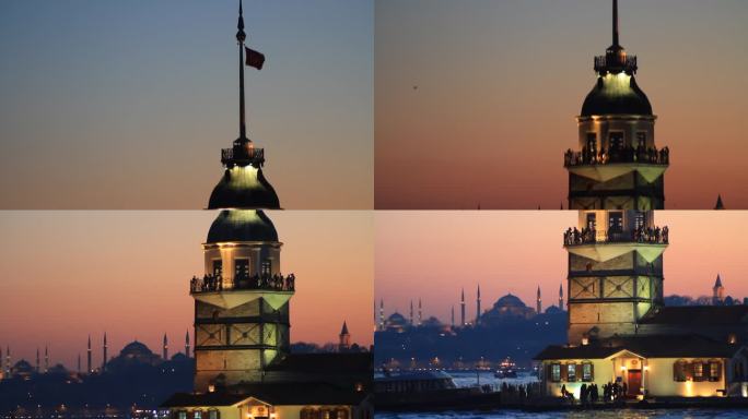 远处是伊斯坦布尔的标志性建筑蓝色清真寺、圣索菲亚大教堂和托普卡帕宫。夕阳下的少女塔。