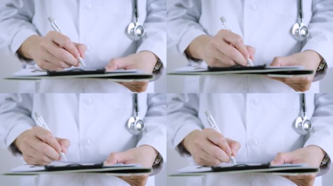 职业医生穿着制服在杂志上做笔记，内科治疗师在剪贴板上填写医疗文件，患者表格，病史和处方，在线与患者交