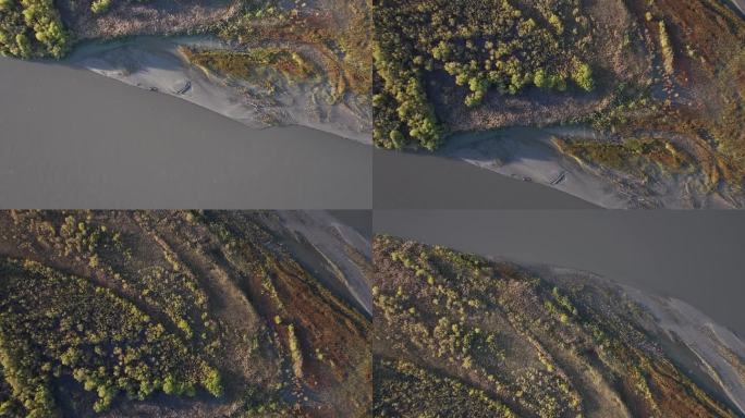 从一架四轴飞行器上俯瞰阿拉木图地区伊犁河畔风景如画的岛屿
