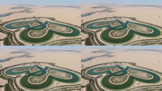 无人机拍摄的迪拜附近沙漠中的爱湖，人工水体