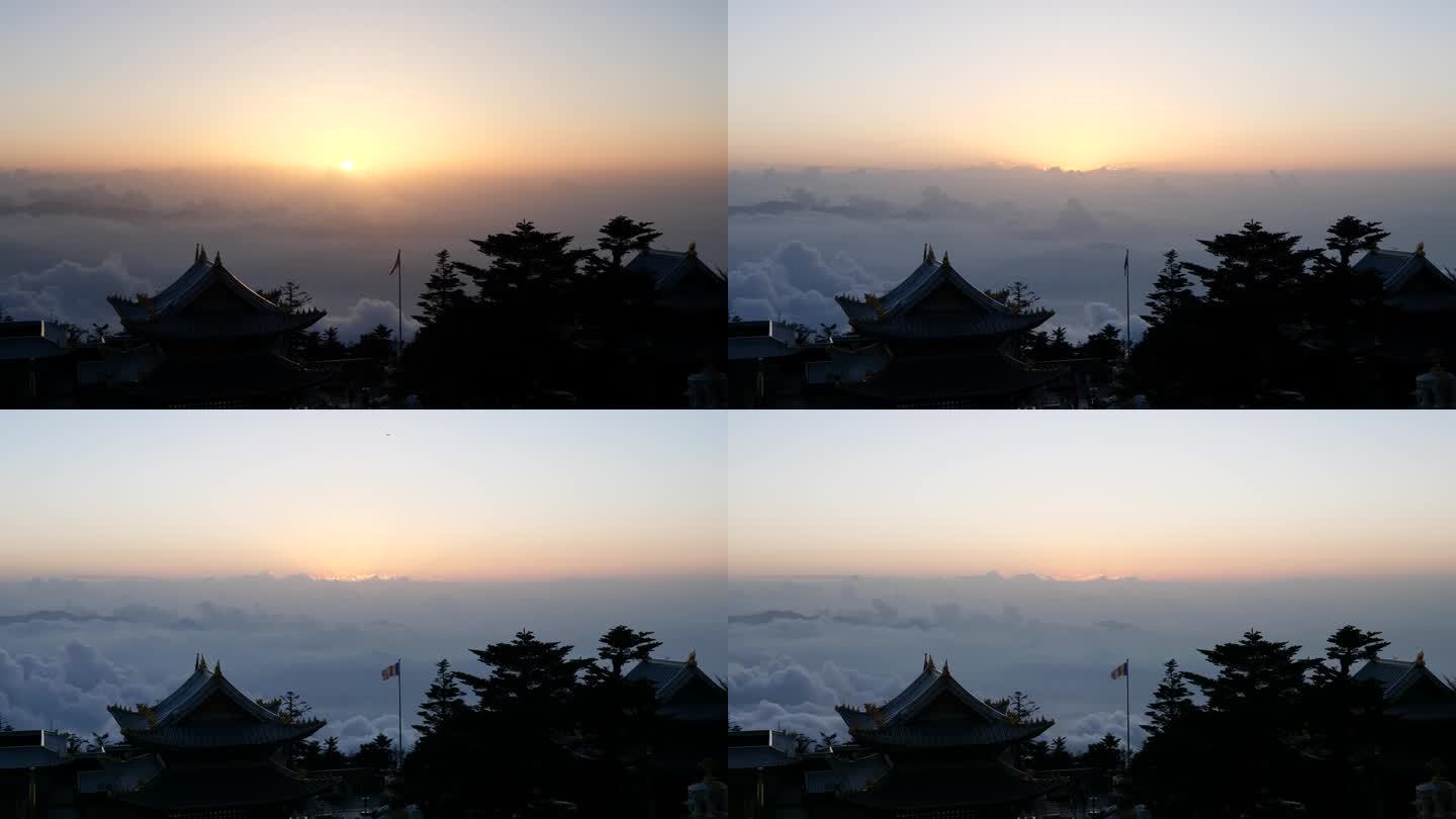 峨眉晚霞移动4k延时镜头，群山为背景，中国传统建筑为前景，高角度云海。