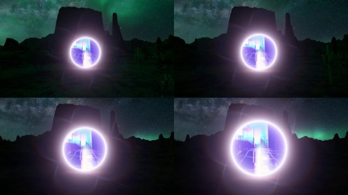三维动画渲染视频沙漠之夜与一个门户到超宇宙。通往未来世界的入口
