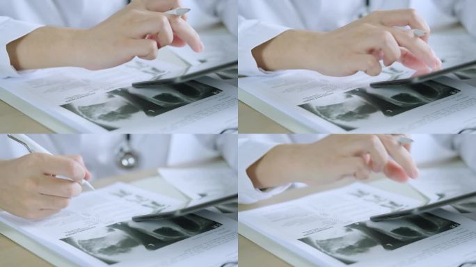 职业医生穿着制服在杂志上做笔记，内科治疗师在剪贴板上填写医疗文件，患者表格，病史和处方，在线与患者交
