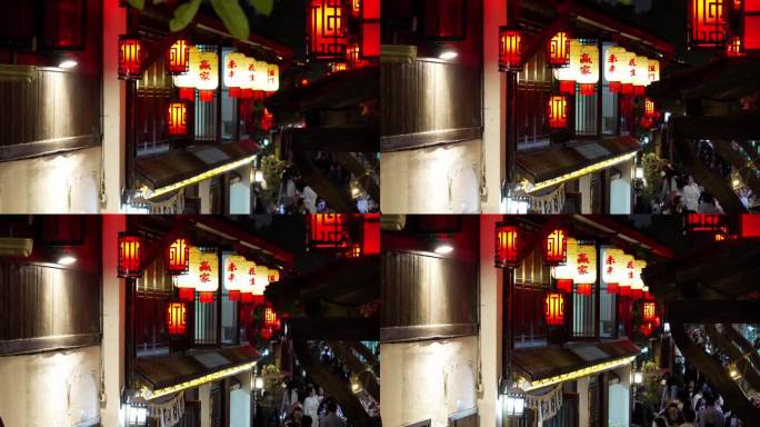 杭州历史文化街区小河直街屋檐挂灯笼夜景