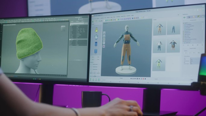 3D设计师在PC上制作衣服的特写镜头