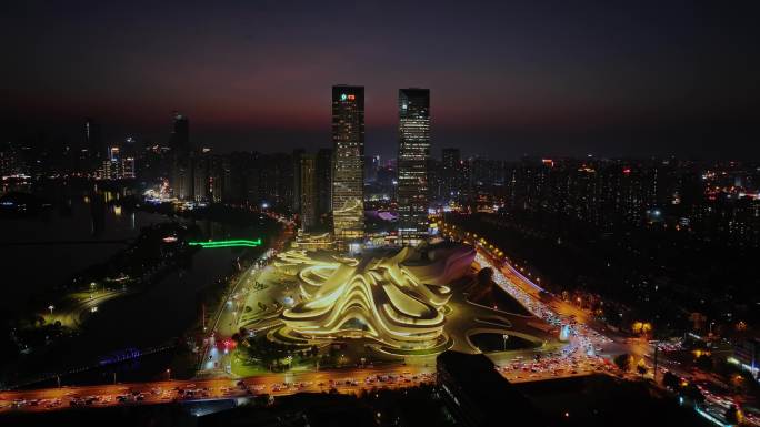 湖南长沙梅溪湖城市夜景风光航拍