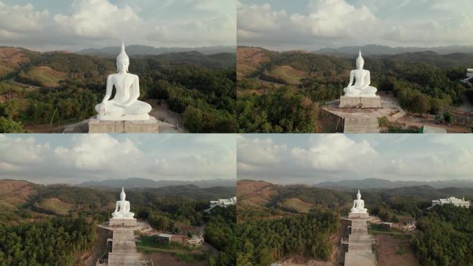 在阳光明媚的日子里，在群山背景的森林环绕的高原上俯瞰白色的大佛像，是祈祷和崇拜的精神旅行目的地，文化