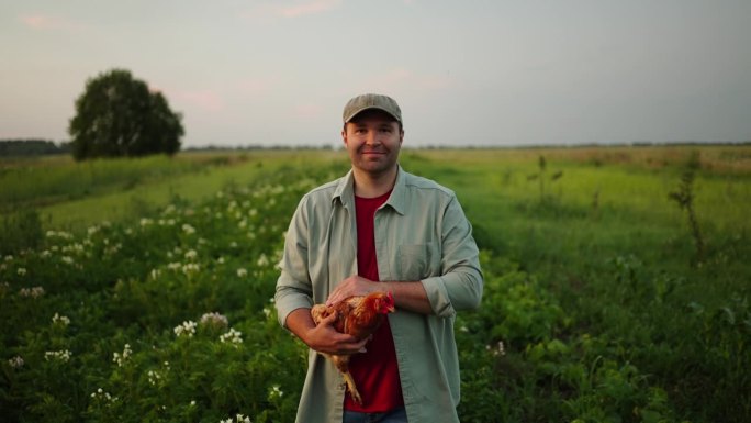 中年农民在夏天的田野里，手里拿着母鸡，男人看着相机