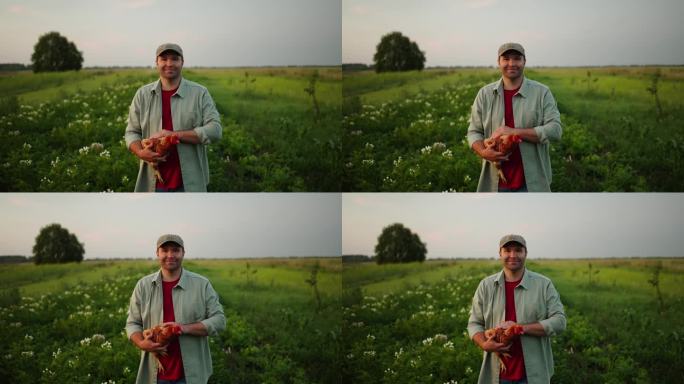 中年农民在夏天的田野里，手里拿着母鸡，男人看着相机