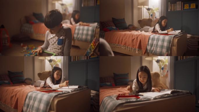 年轻的韩国兄弟姐妹在儿童室玩玩具。小男孩用平板电脑玩益智游戏，小女孩用彩色铅笔在纸上画画